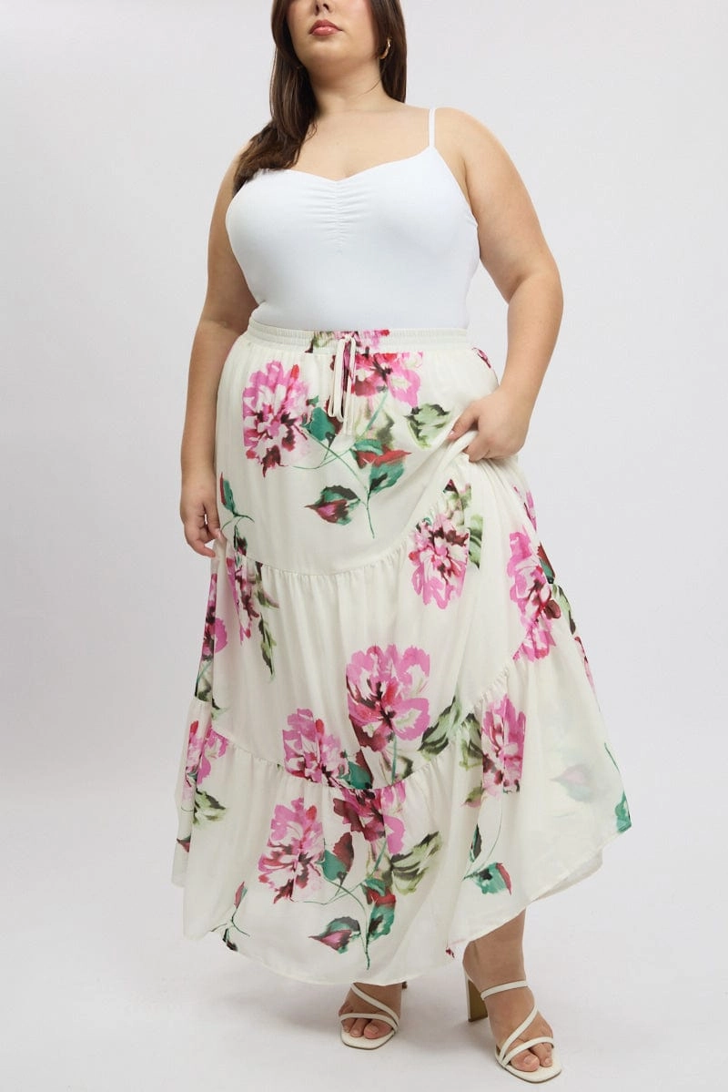 White Floral Elastic Waist Tiered Chiffon Maxiskirt Soft Palette