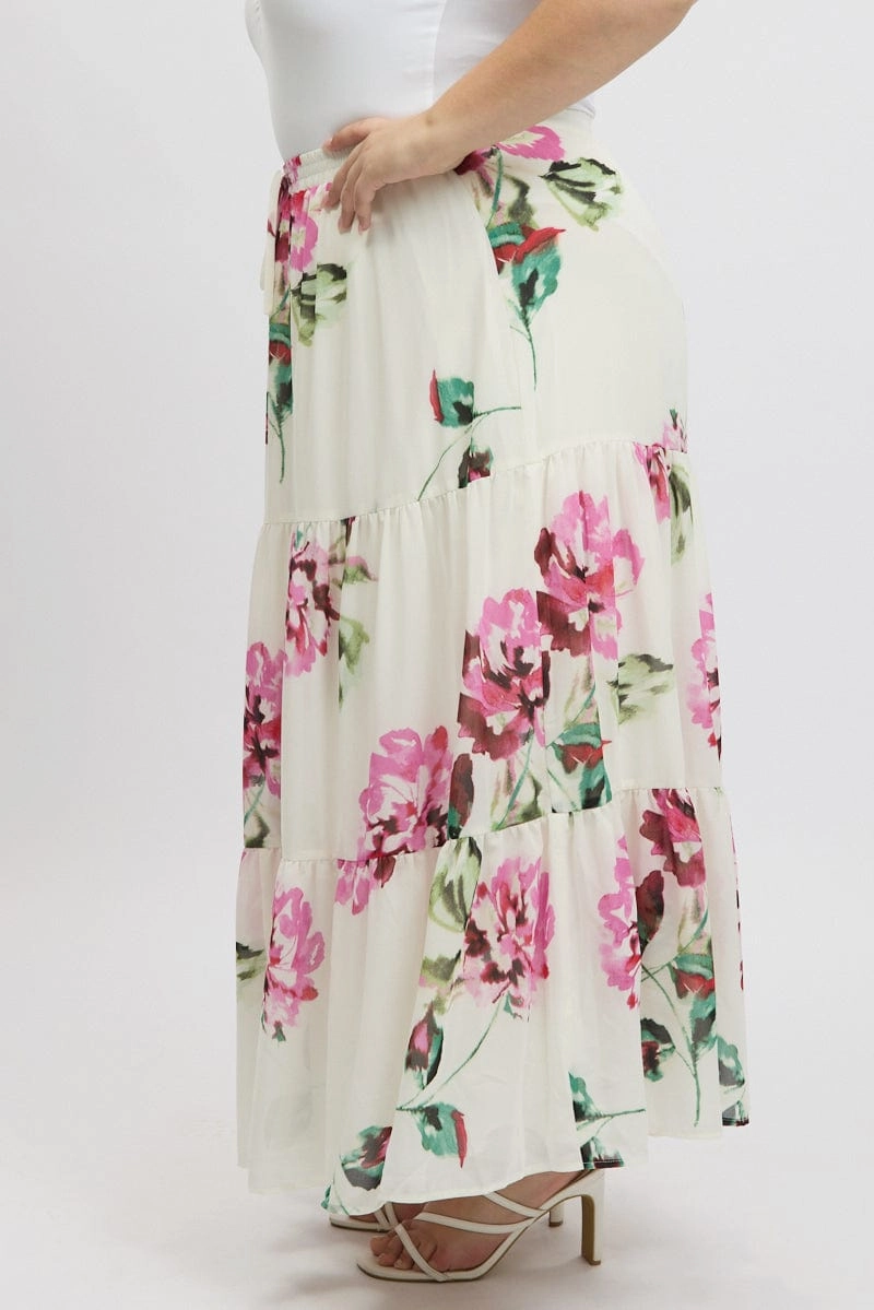 Media Feature Cool Tone White Floral Elastic Waist Tiered Chiffon Maxiskirt