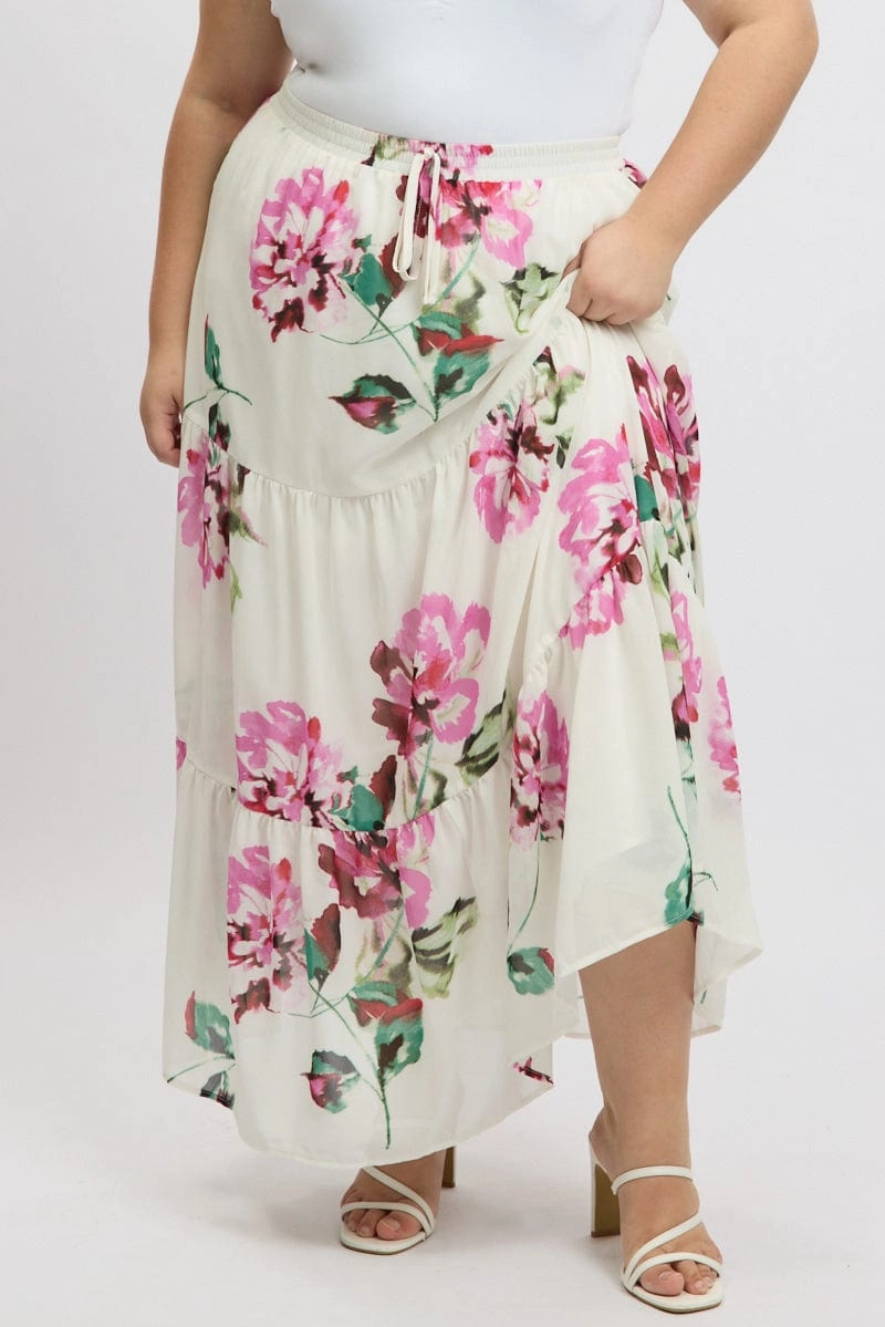 City Wear White Floral Elastic Waist Tiered Chiffon Maxiskirt
