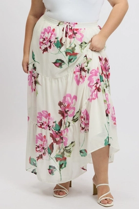 City Wear White Floral Elastic Waist Tiered Chiffon Maxiskirt