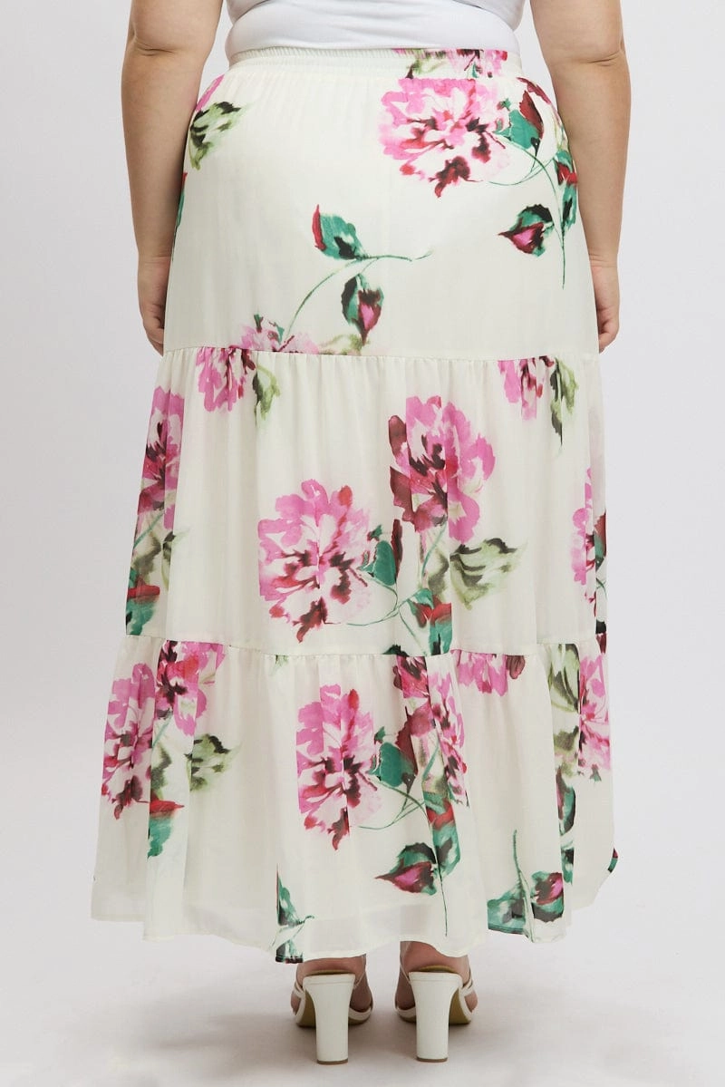 All Season Wear White Floral Elastic Waist Tiered Chiffon Maxiskirt