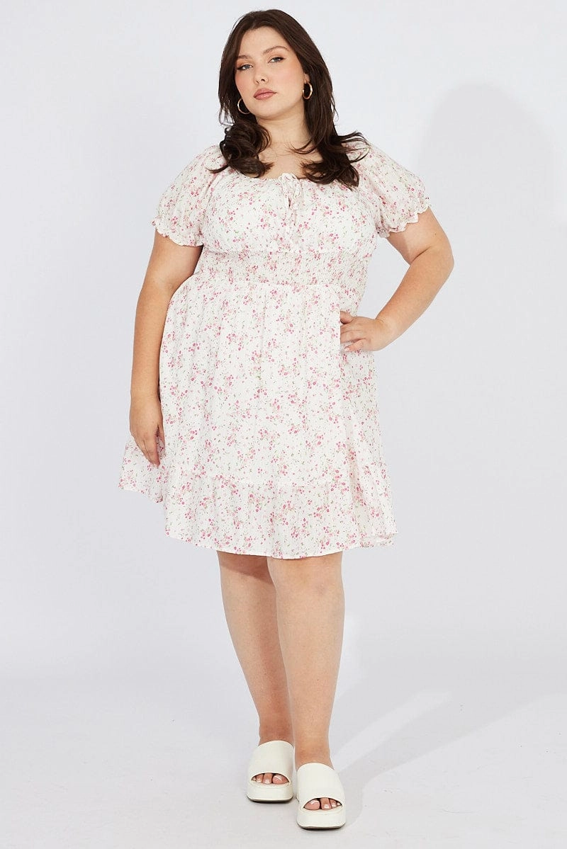 White Floral Fit And Flare Dress Short Sleeve Ruched Bust Limited-Edition