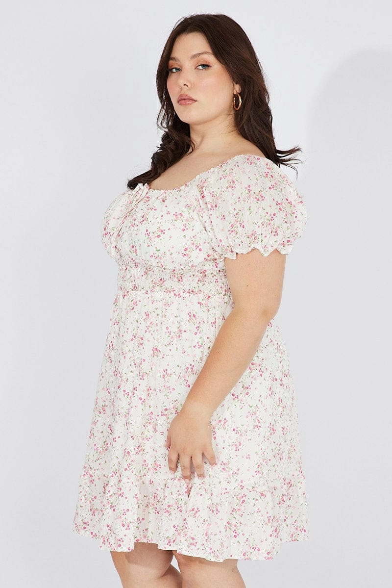 Clean Touch White Floral Fit And Flare Dress Short Sleeve Ruched Bust