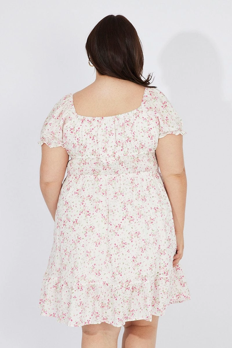 White Floral Fit And Flare Dress Short Sleeve Ruched Bust Smart Look Recycled-Material