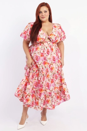 White Floral Midi Dress Short Sleeve Cut Out Textured High Cut