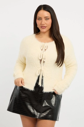 Micro Perforated Panels White Fluffy Knit Cardigan Tie Up Front