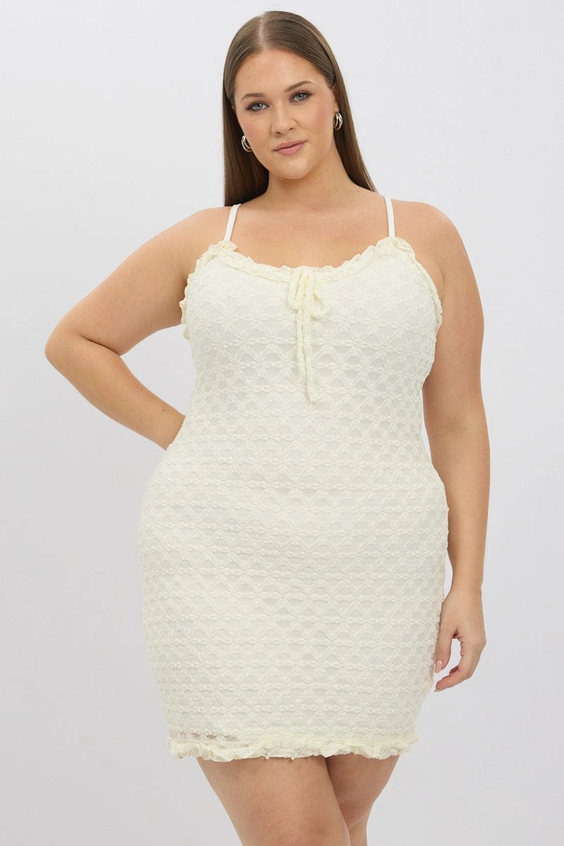 White Frill Bow Trim Stretch Lace Minidress Non-Iron Clean Tone