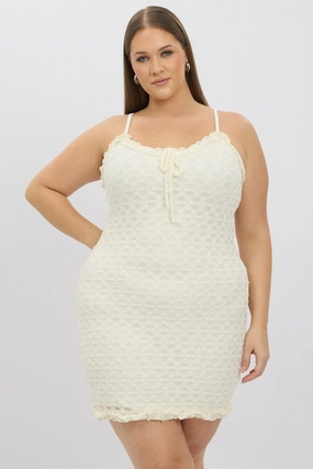 White Frill Bow Trim Stretch Lace Minidress Non-Iron Clean Tone