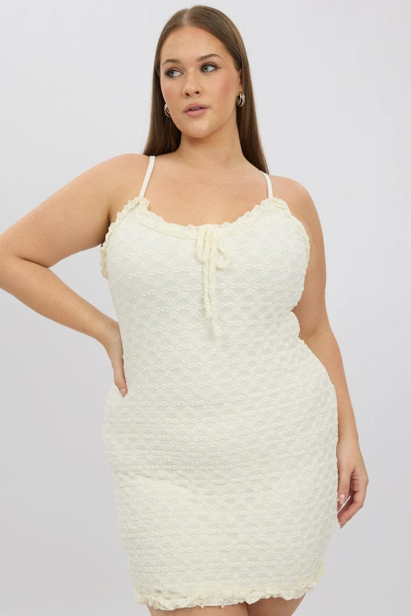 Calm Energy Bold Elegance White Frill Bow Trim Stretch Lace Minidress