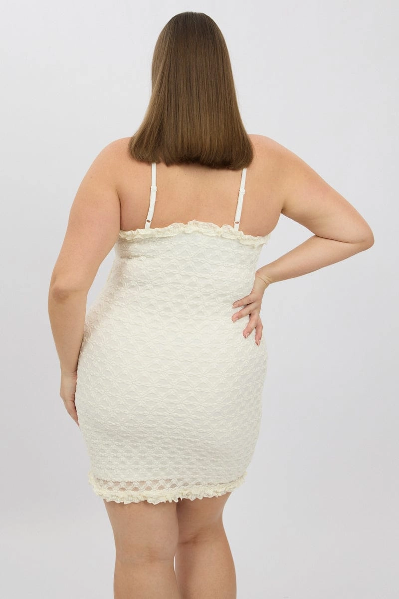 White Frill Bow Trim Stretch Lace Minidress Soft Layering