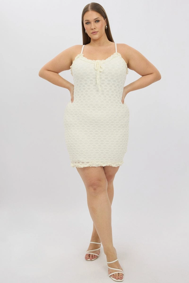 Elegant Charm Minimalist Style White Frill Bow Trim Stretch Lace Minidress