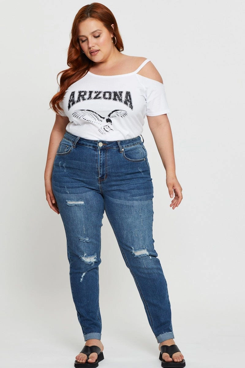 Minimalist Stitching Active Trend Look White Graphic T-shirt Arizona Short Sleeve Cold Shoulder