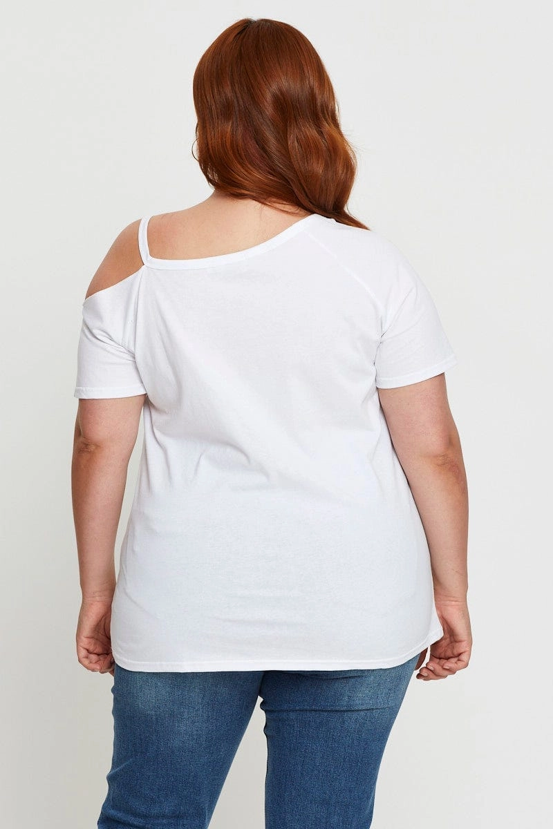 White Graphic T-shirt Arizona Short Sleeve Cold Shoulder easy to pair SeamlessConstruction