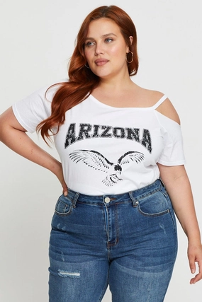 Soft Waistband White Graphic T-shirt Arizona Short Sleeve Cold Shoulder