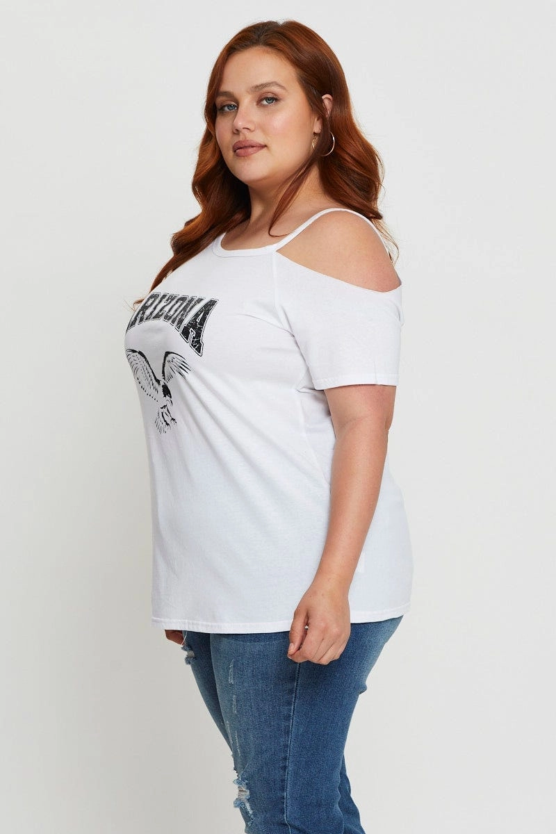 Modern Simplicity White Graphic T-shirt Arizona Short Sleeve Cold Shoulder