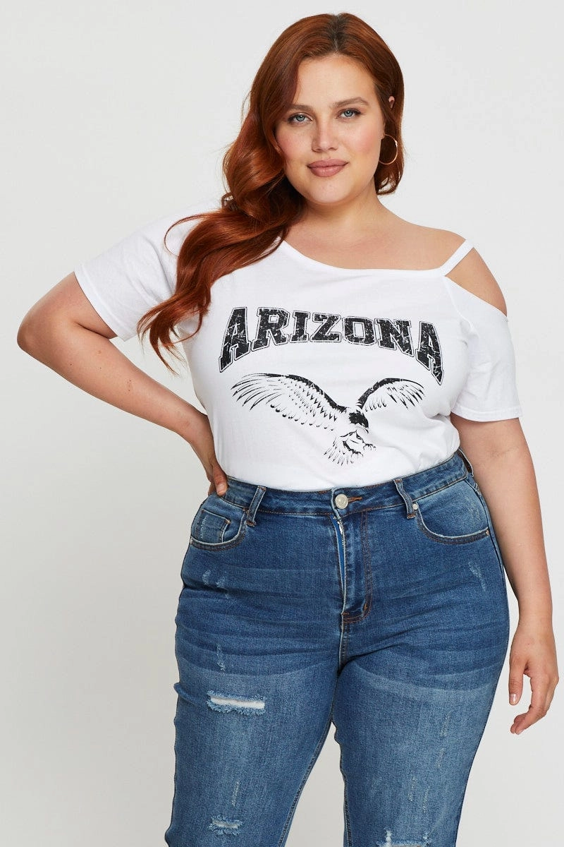 Movie Night White Graphic T-shirt Arizona Short Sleeve Cold Shoulder