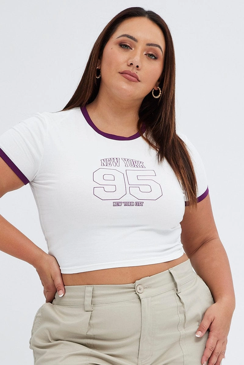 White Graphic T-shirt Contrast Trim New York Print Anti Shrinkage Treatment Breathable Material