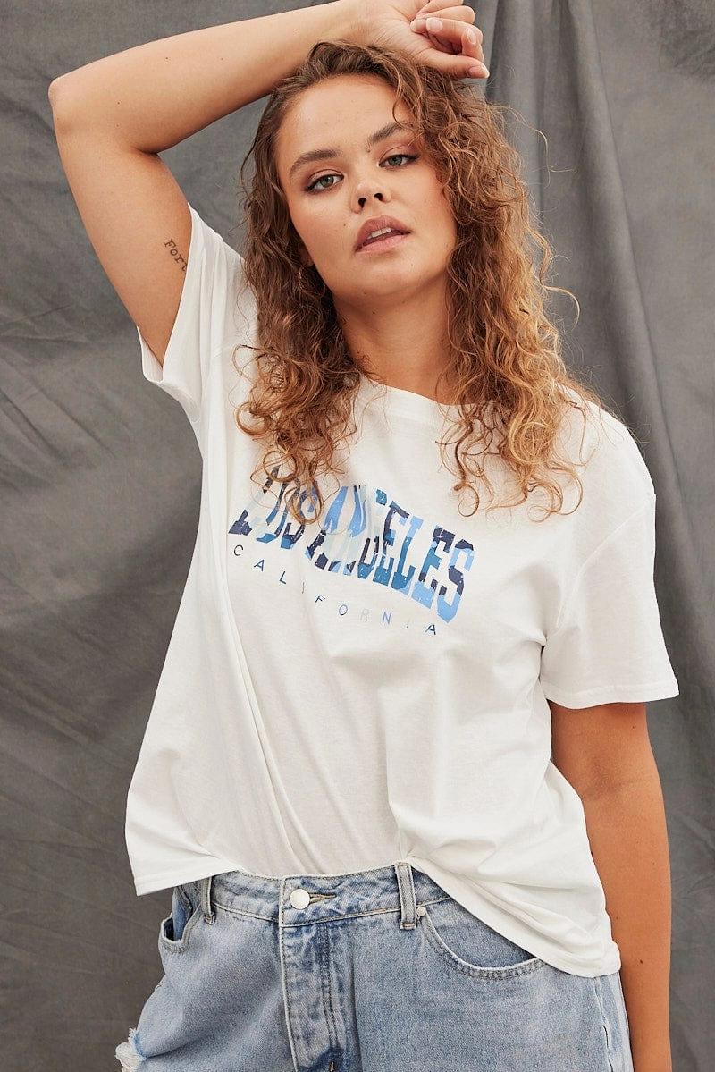 White Graphic T-shirt Los Angeles Camo Cotton Crop Relaxed Flex