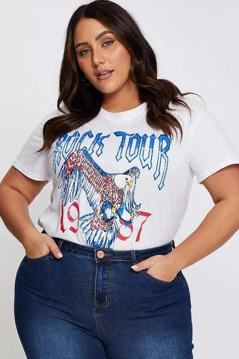 Street Trendy Washable White Graphic T-shirt Rock Tour Crew Neck Short Sleeve