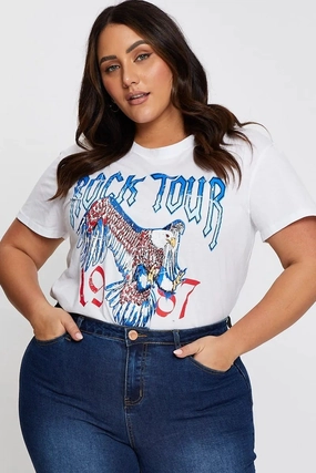 Street Trendy Washable White Graphic T-shirt Rock Tour Crew Neck Short Sleeve