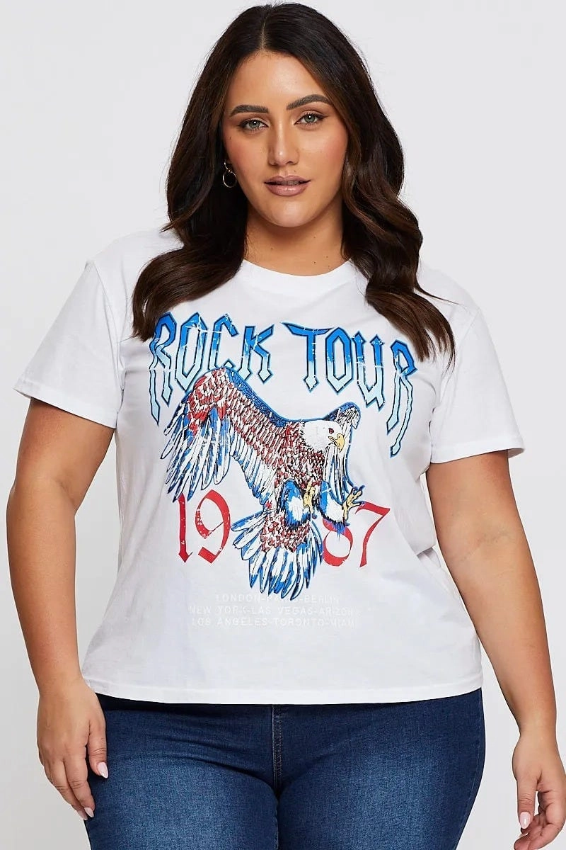 White Graphic T-shirt Rock Tour Crew Neck Short Sleeve Non-toxic Microfiber texture