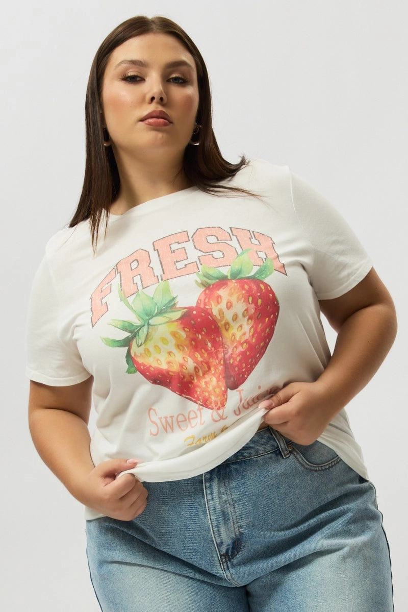 Ribbed collar White Graphic T Shirt Short Sleeve Crew Neck