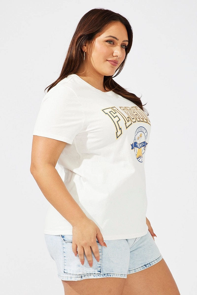 Longline Hemline White Graphic T-shirt Short Sleeve Crew Neck