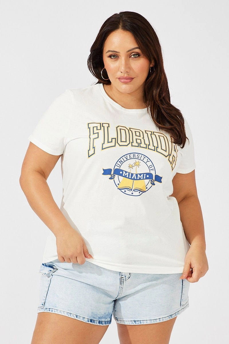 White Graphic T-shirt Short Sleeve Crew Neck Casual Flex Fit