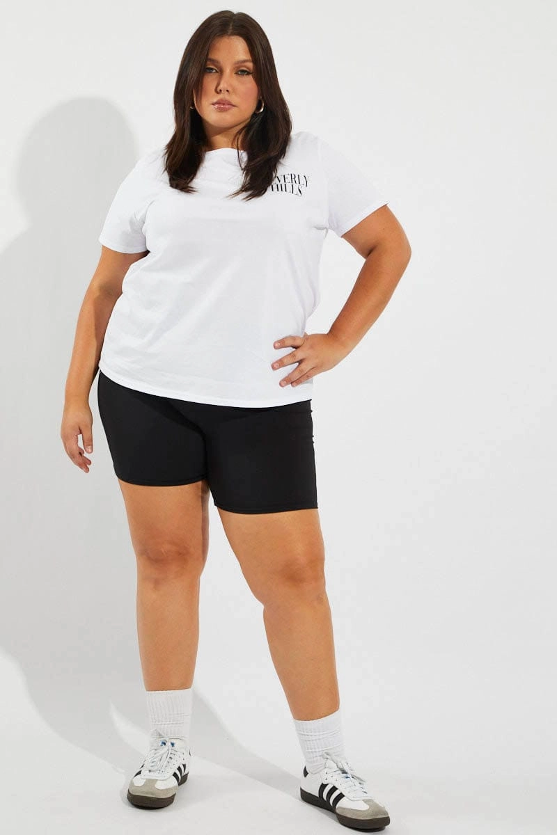 Cozy Style RibbedNeckBanding White Graphic T-shirt Short Sleeve Crew Neck