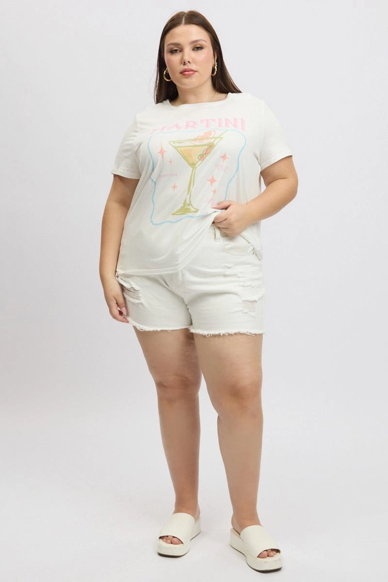White Graphic T Shirt Short Sleeve contrast Classic Fit