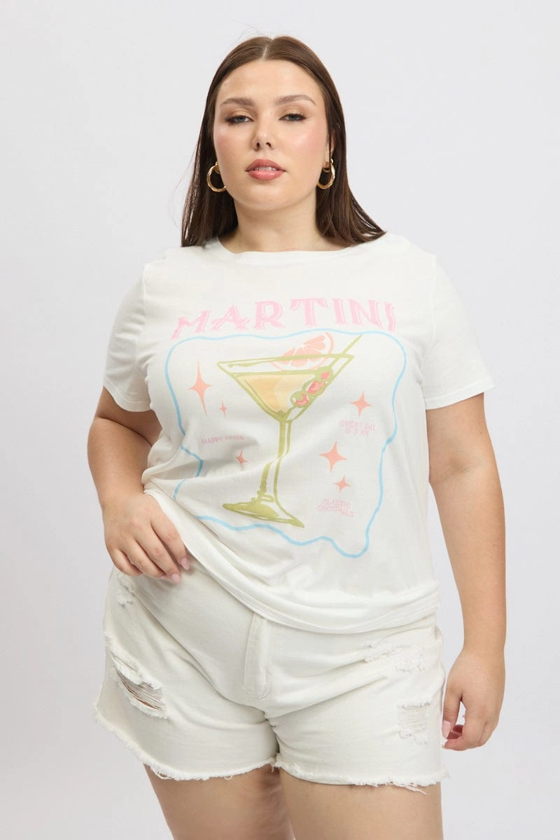 White Graphic T Shirt Short Sleeve DoubleStitched Seams