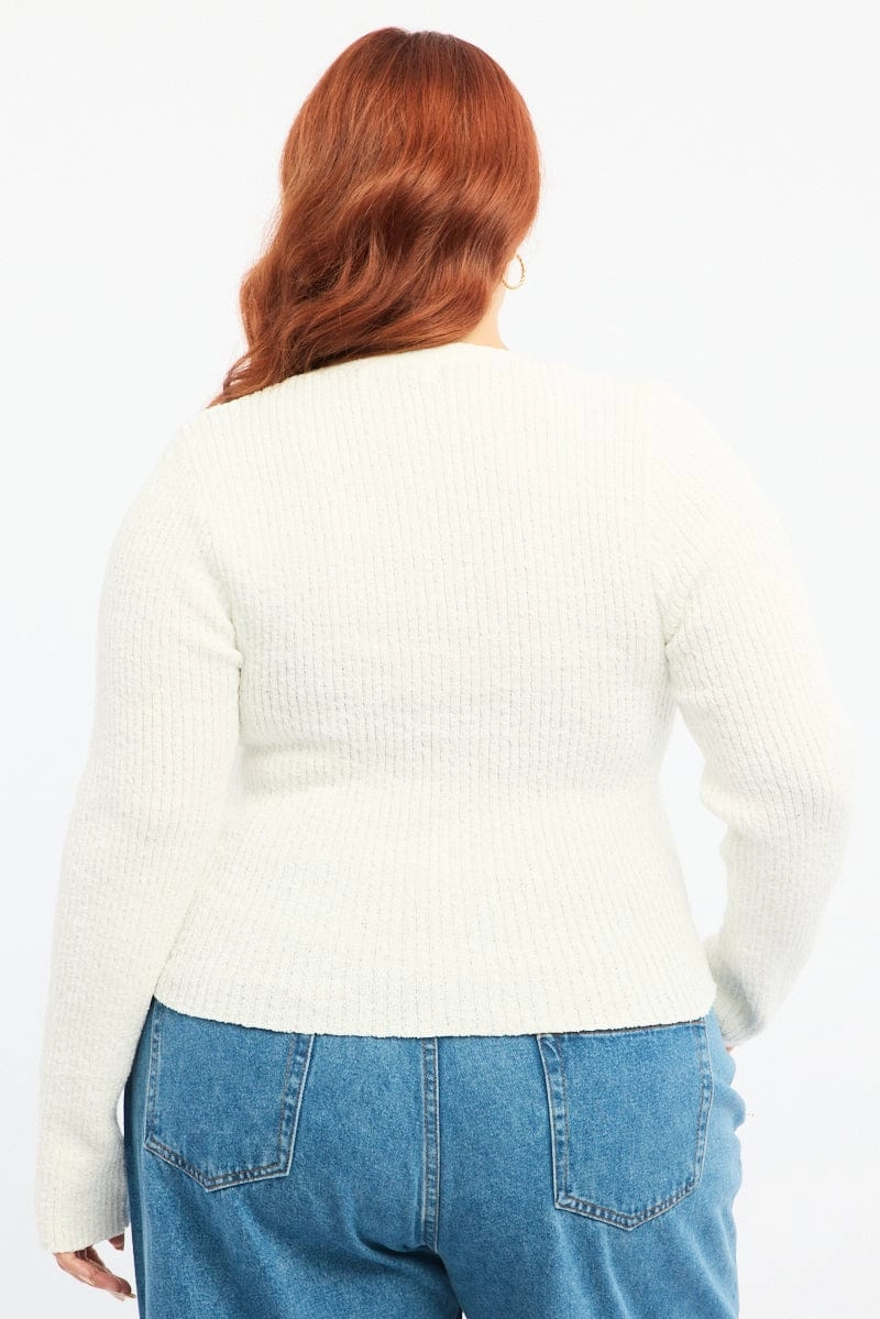 White Knit Cardigan Long Sleeve V-neck City Ready