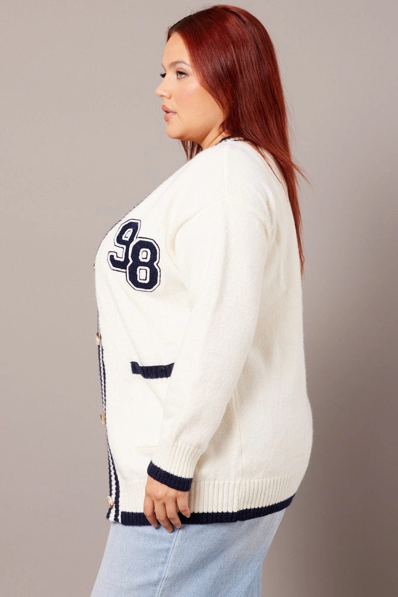White Knit Cardigan Longline Durable Zipper Quilted Insulation
