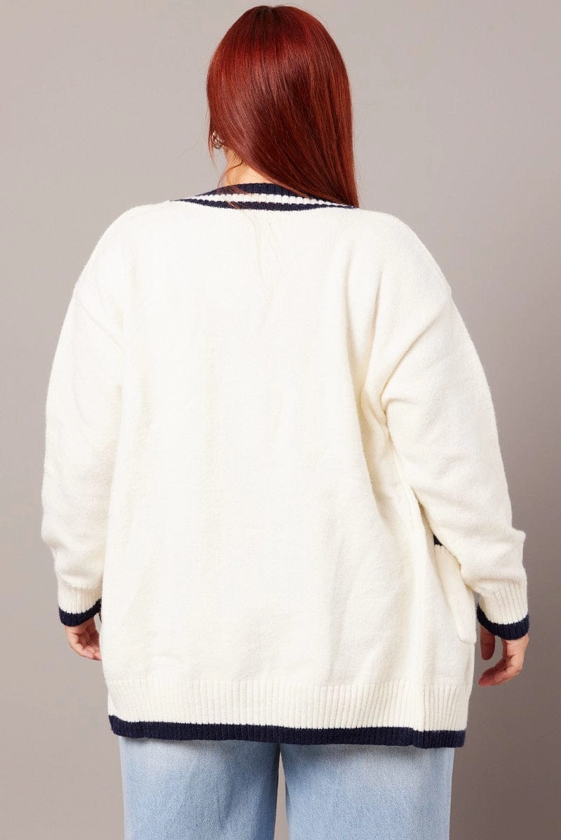 Low Profile Collar White Knit Cardigan Longline