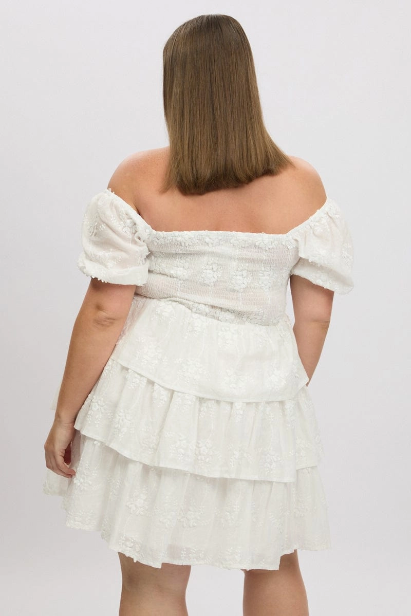 Minimalist Layering White Lace Up Front Embossed Cotton Mini Dress