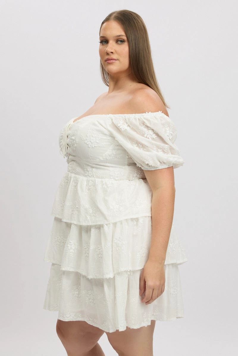 White Lace Up Front Embossed Cotton Mini Dress High-waist