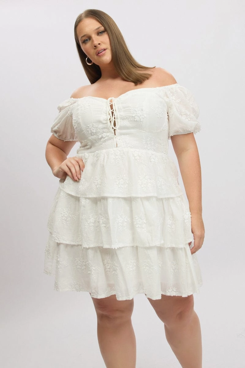 Statement Mood White Lace Up Front Embossed Cotton Mini Dress