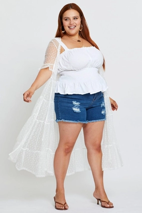 Adjustable Fit Design Water Repellent Coating White Longline Cardigan Short Sleeve Crochet