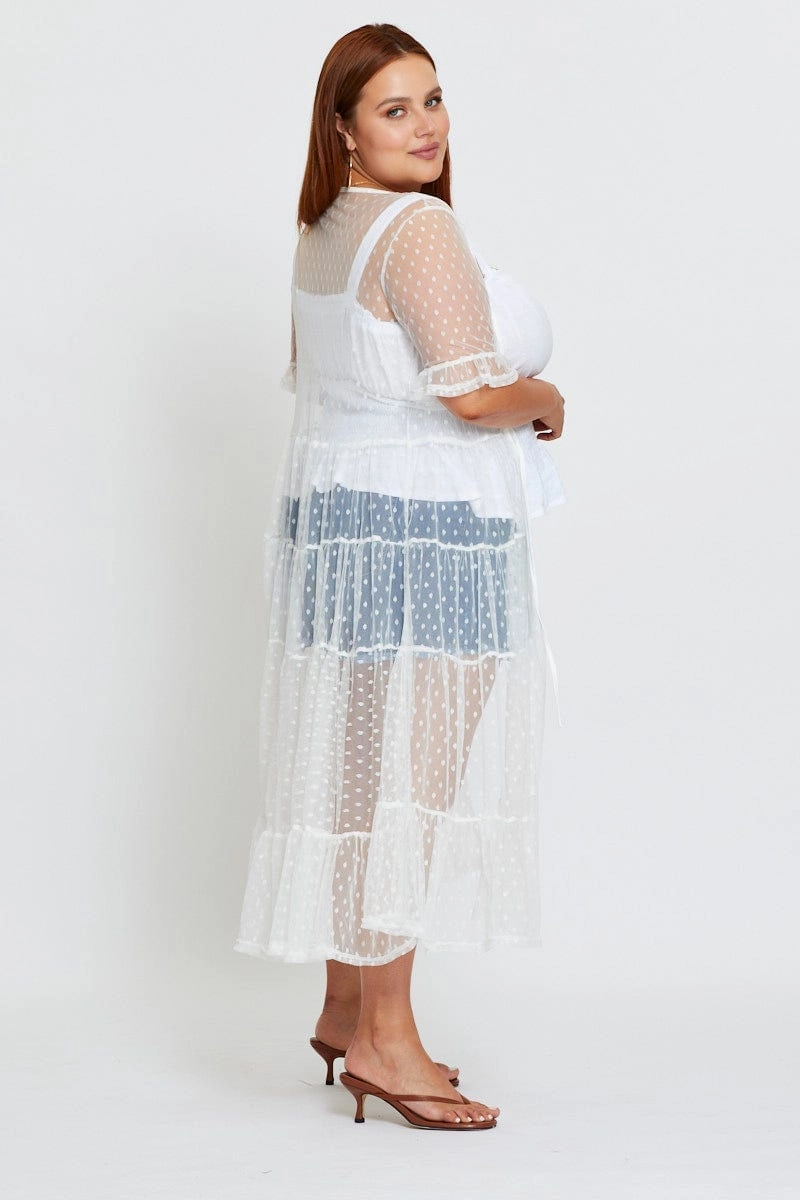White Longline Cardigan Short Sleeve Crochet Layered Neckline Temperature Regulating Fill