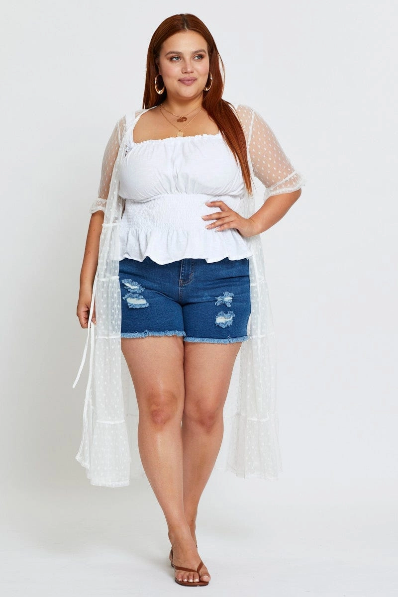 Glow In The Dark Accents Classic Fit White Longline Cardigan Short Sleeve Crochet