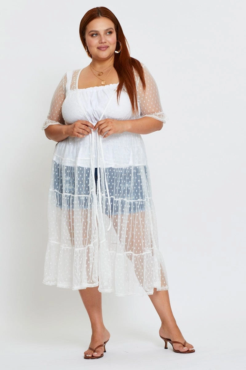 AntiStaticLayer Moisture Wicking Material White Longline Cardigan Short Sleeve Crochet