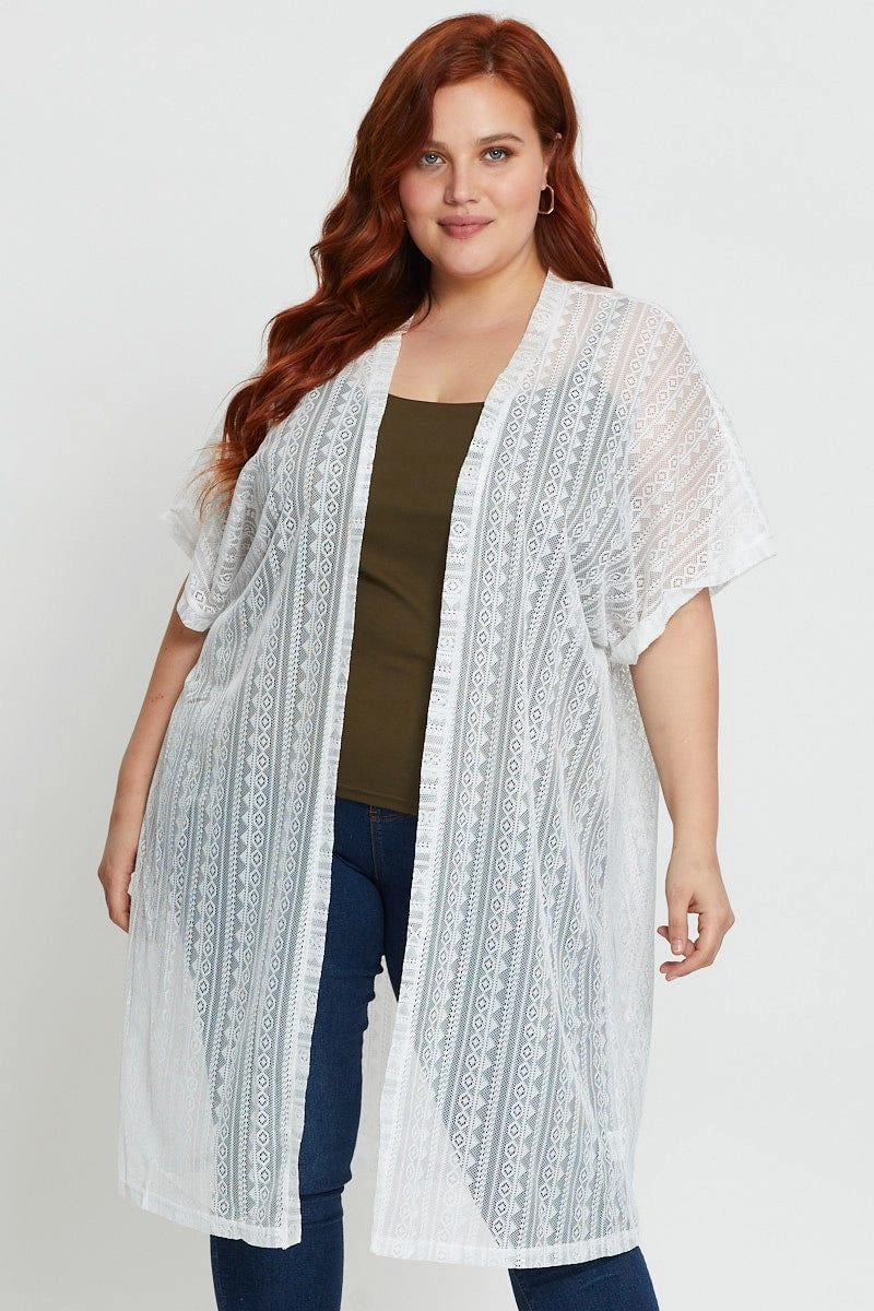 Anti Snag Fabric White Longline Cardigan Short Sleeve Lace