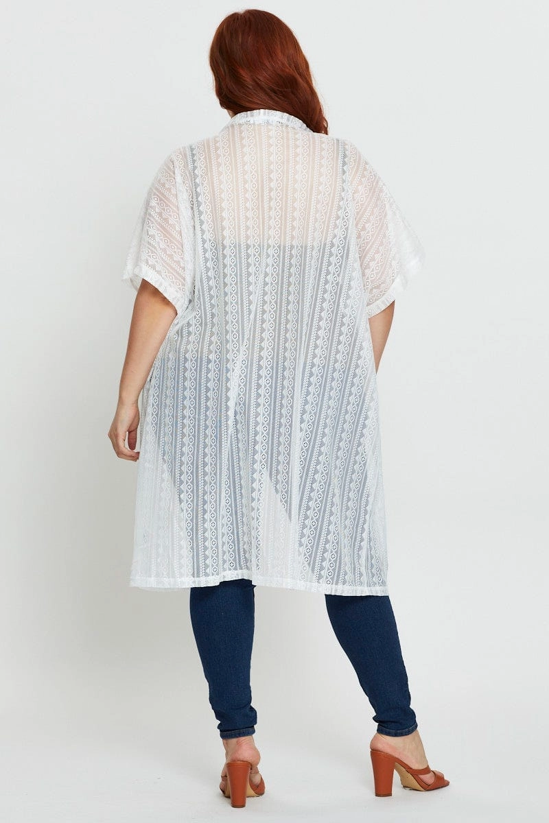 SlimSilhouette Weather Proof White Longline Cardigan Short Sleeve Lace