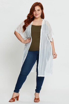 White Longline Cardigan Short Sleeve Lace Moisture Control Fibers
