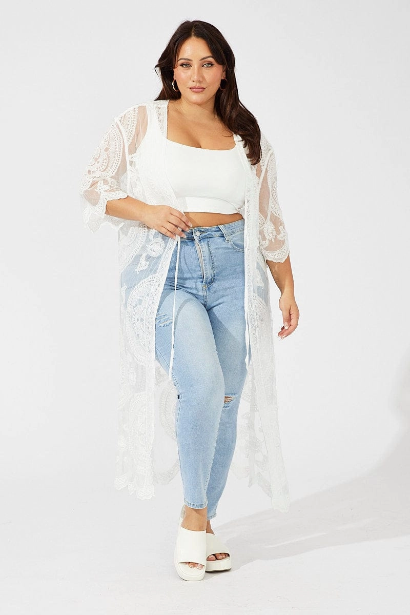 White Longline Embroidered Mesh Kimono ScratchResistant Zippers Taped Seams
