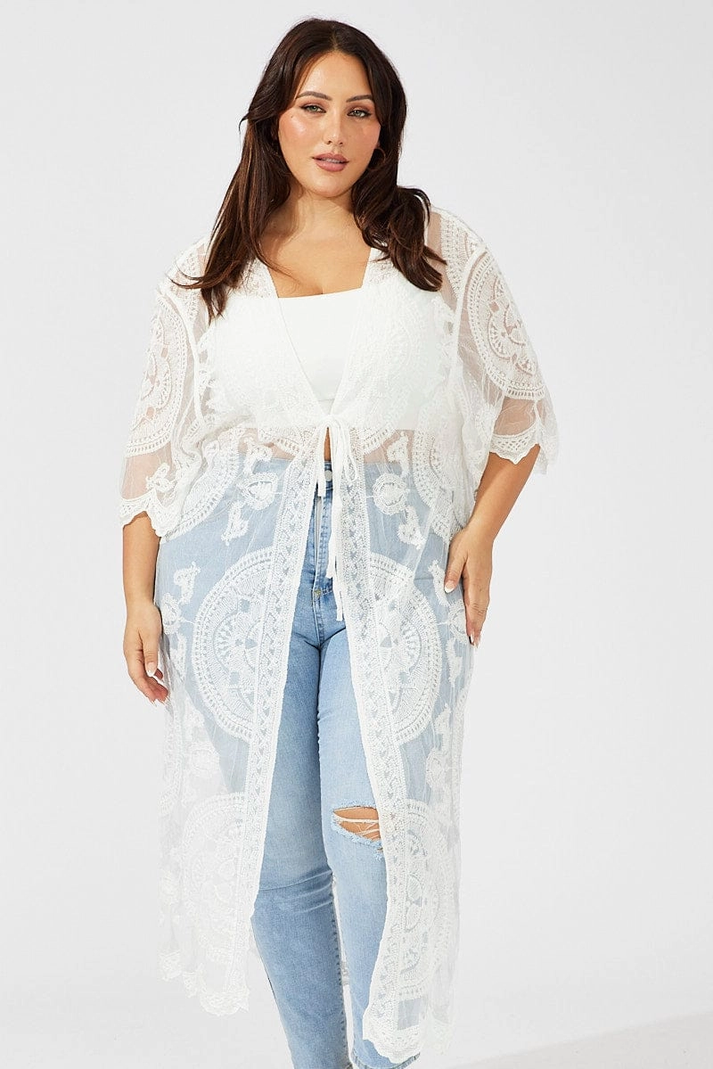 Hypoallergenic Interior Layer White Longline Embroidered Mesh Kimono