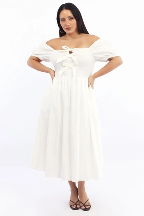 Unlined Look White Midi Dress Short Sleeve Shirred Body Ribbon Front