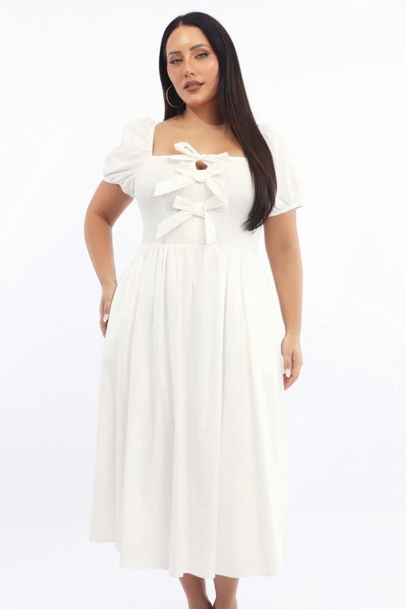 White Midi Dress Short Sleeve Shirred Body Ribbon Front Soft Glide Occasion Ready