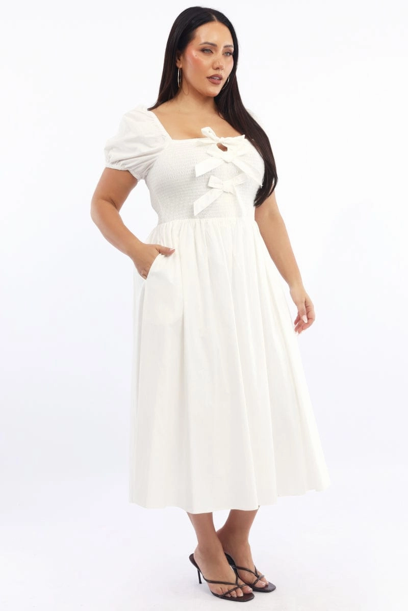 White Midi Dress Short Sleeve Shirred Body Ribbon Front Fresh Glow Dual Tones