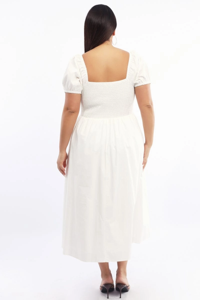 Minimalist Fit Light and breezy summer dress White Midi Dress Short Sleeve Shirred Body Ribbon Front